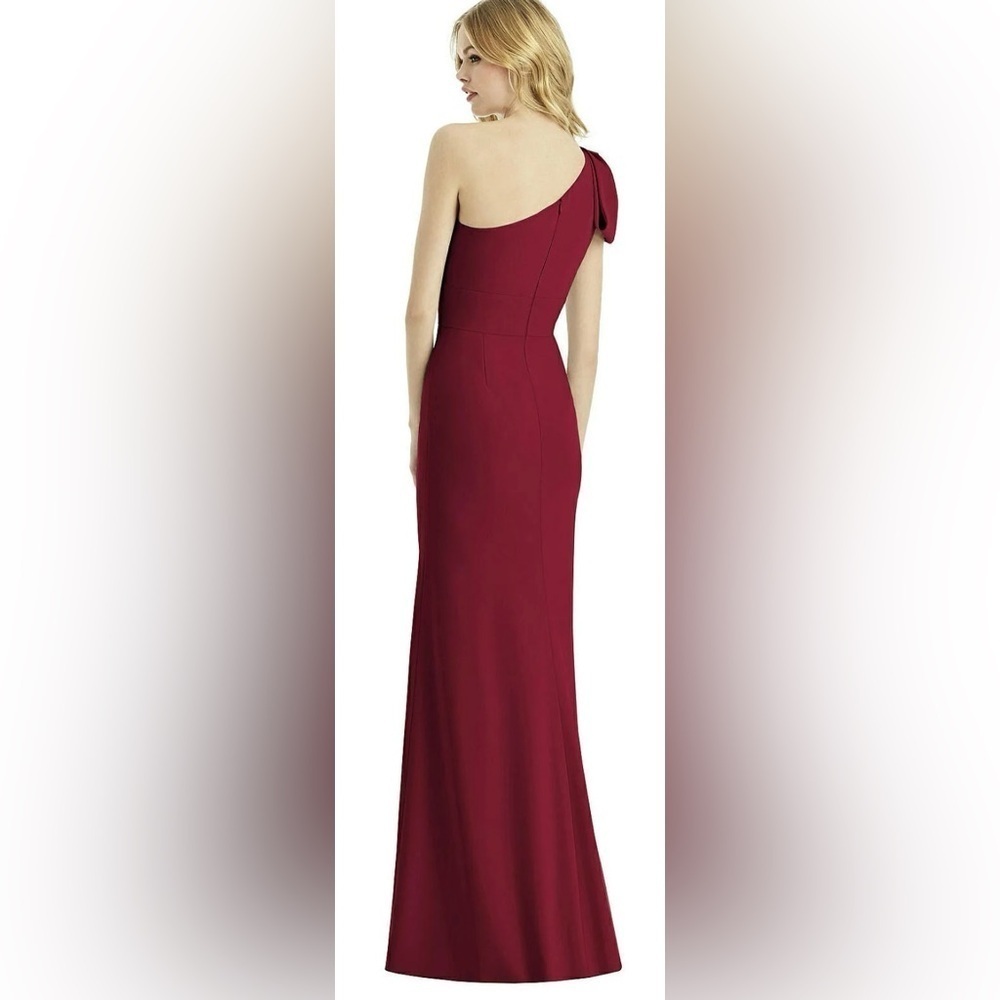 After Six Burgundy Bow One Shoulder Gown - Picture 2 of 8